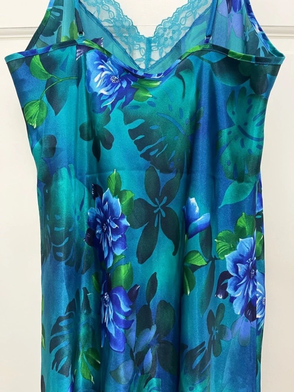 Y2K Tropical Floral & Monstera Leaf Print Satin Slip Dress - Size Large